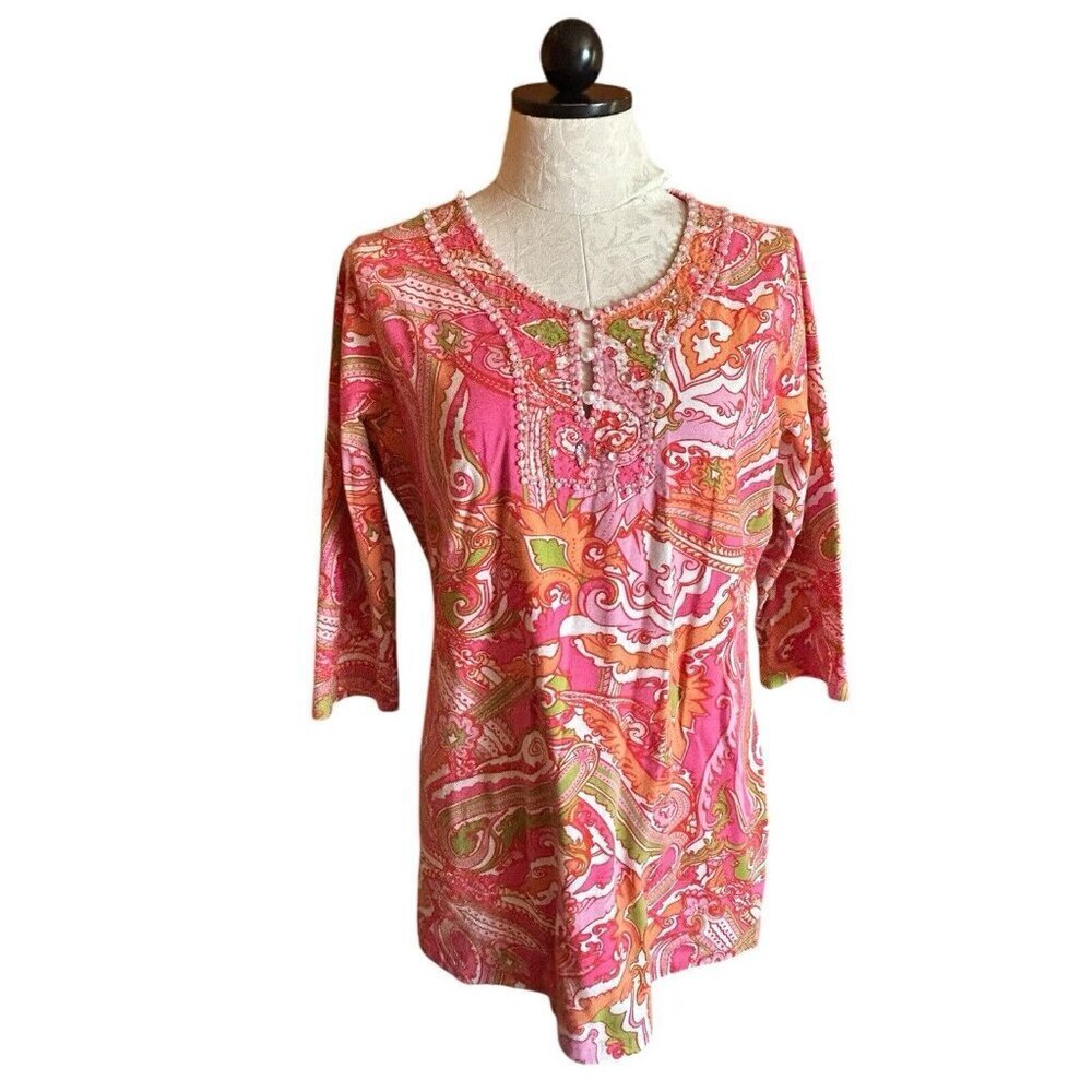 Soft Surroundings Women's Long Sleeve Tunic Pink Paisley Stretch M Beadwork